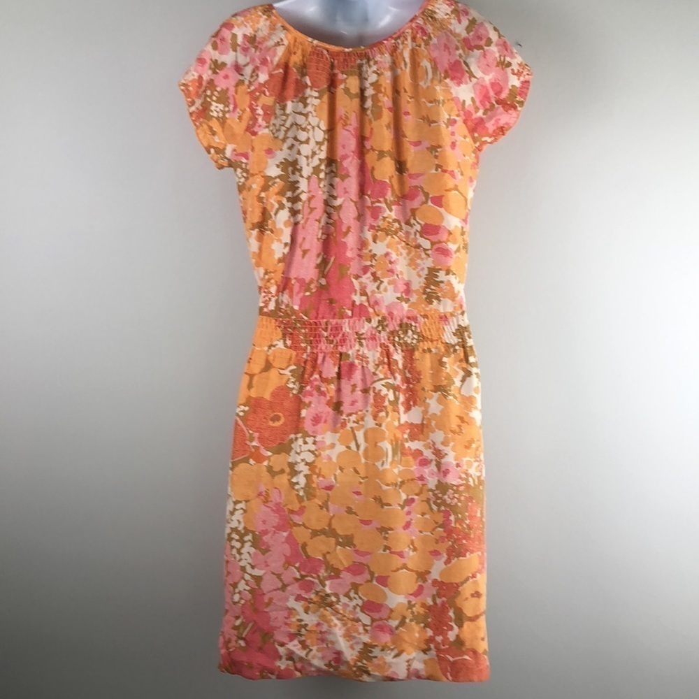 Talbots 100% Silk Smocked Blouson Knee Length Spring Summer Dress Print Pockets - Picture 11 of 16